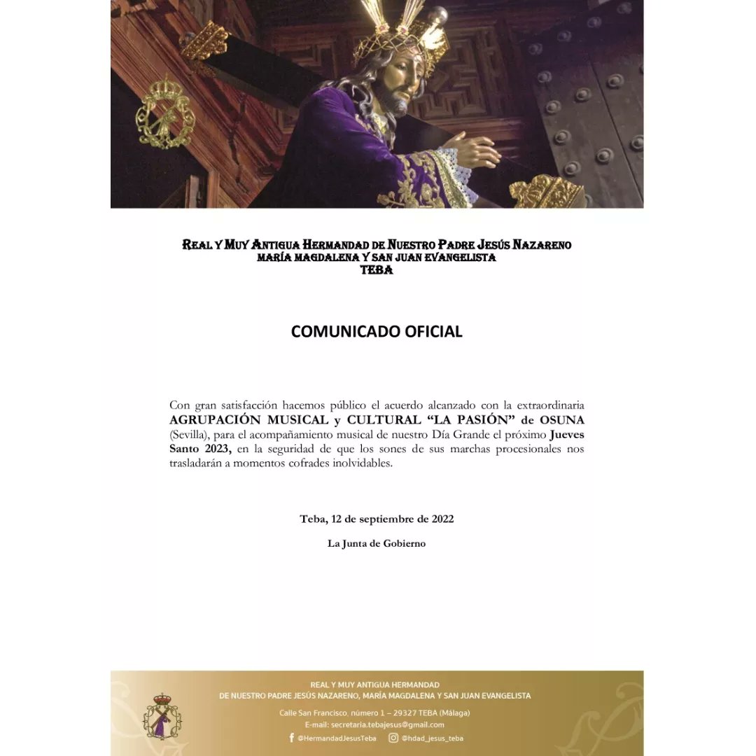 TebaJesus's tweet photo. 🎺 | ACOMPAÑAMIENTO MUSICAL 
JUEVES SANTO 2023

📄 Comunicado Oficial de la Cofradía.

#SemanaSantaTeba #JuevesSanto https://t.co/smUy9LuyQ2