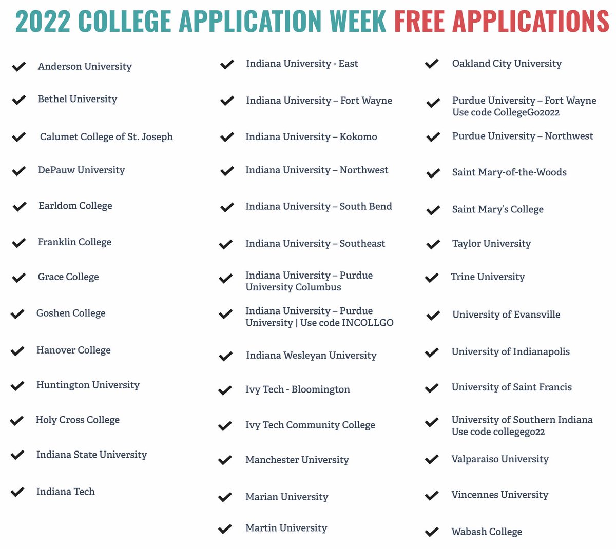 learnmorein's tweet photo. Shoutout to all the AMAZING Indiana colleges waiving their application fees this College Application Week!! 

September 26-30 apply to college for FREE at any of the universities below👇

#collegego #collegeapplicationweek #collegeapp #applytocollege #learnmoreindiana https://t.co/ydJl2JvQ8u