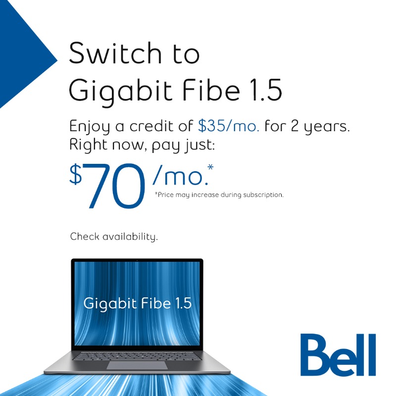 Bell's tweet photo. Switch to pure fibre Internet and enjoy speeds 50% faster than cable for the same price or less.