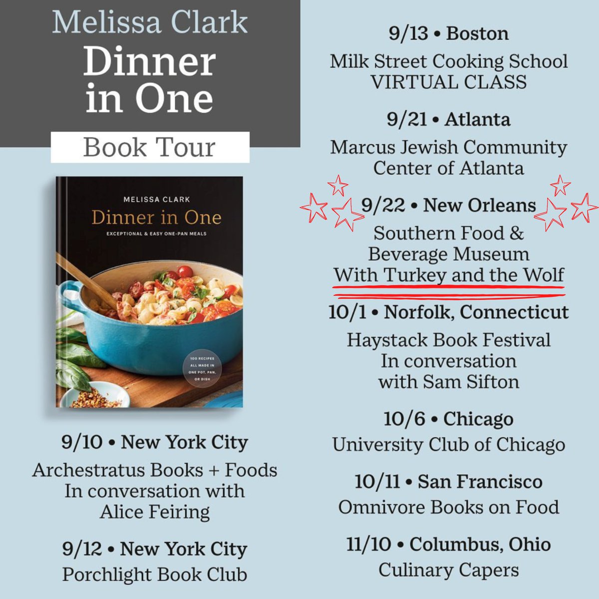 Join @MelissaClark, Mason Hereford, & the team from @SouthernFood for a cocktail party & cooking demonstration to celebrate the release of Melissa’s new book, “Dinner in One: Exceptional & Easy One Pan Meals” from 6 to 8:30 p.m. on Thursday, September 22. southernfood.org/events/2022/9/…