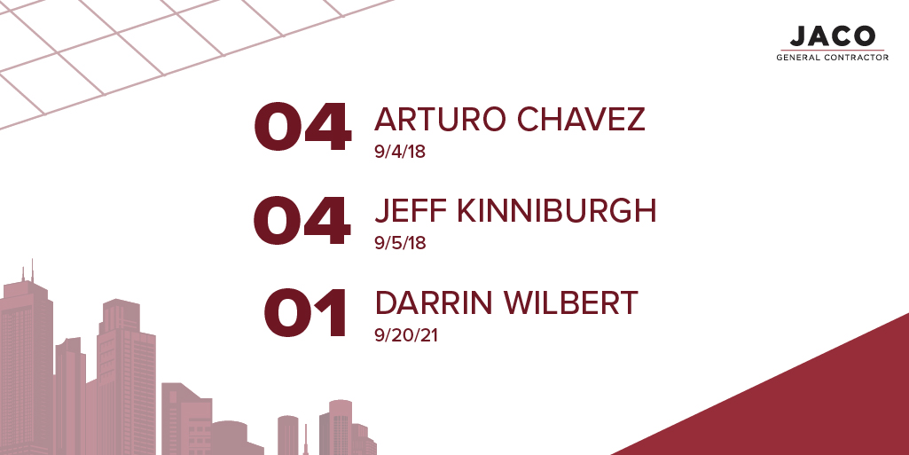 Happy Anniversary to Arturo, Jeff, and Darrin! 🎉 

We appreciate your hard work and dedication to our clients. 💪 

#JacoAnniversaries #JacoStrong #BuildBetter #ReThinkConstruction