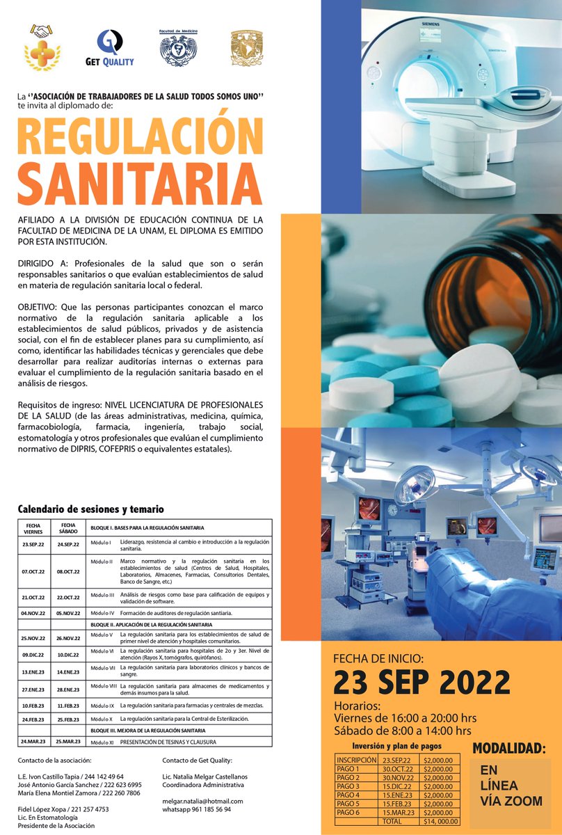 Get_Quality's tweet photo. 🏥🧑🏻⚕️
¡No pierdas la oportunidad de incrementar tus conocimientos en nuestro Diplomado de REGULACIÓN SANITARIA en los establecimientos de salud! 👩🏻🔬
Diplomado ONLINE. Avalado por la Facultad de Medicina de la UNAM. 200hrs. 💊
Para más información contáctanos por DM.
#GetQuality https://t.co/gkAA5PewCq