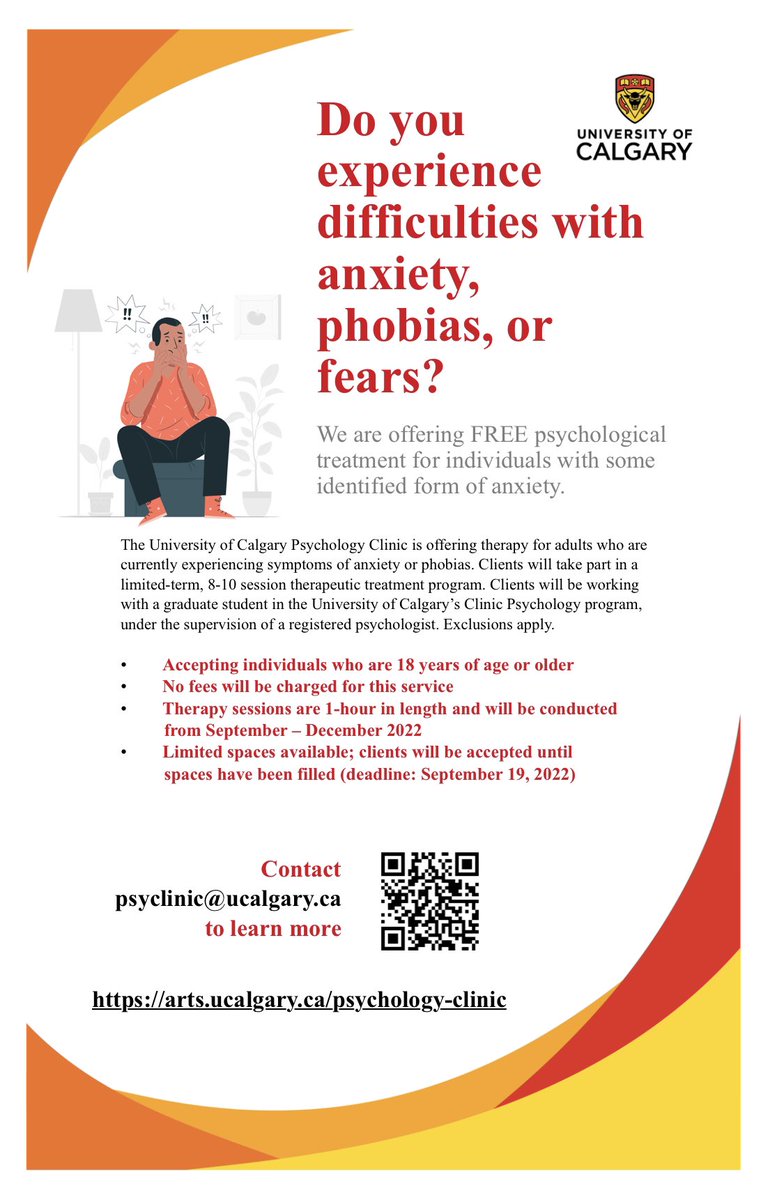 Bailin Xie O'Rielly (@bailinxie) on Twitter photo The University of Calgary Psychology Clinic is offering free therapy to adults in the Calgary area who are experiencing anxiety or specific phobias. Please share and contact psyclinic@ucalgary.ca if you are interested. The University of Calgary Psychology Clinic is offering free therapy to adults in the Calgary area who are experiencing anxiety or specific phobias. Please share and contact psyclinic@ucalgary.ca if you are interested.