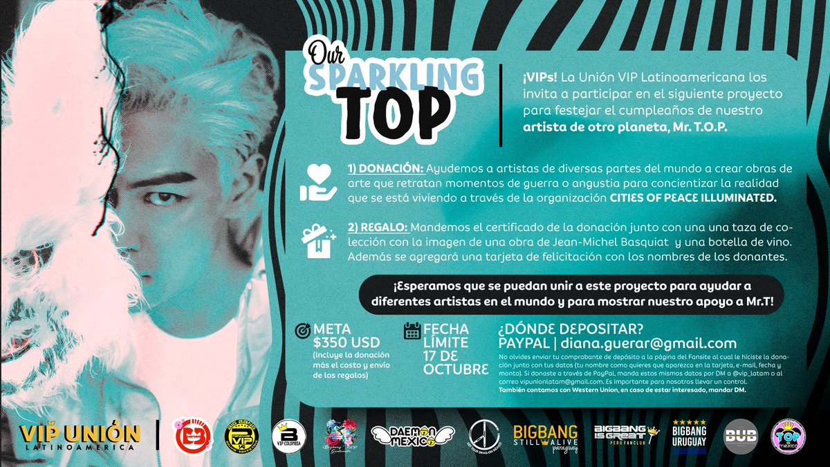 vip_latam's tweet photo. 🔝✨[Our Sparkling TOP]✨🔝

¡VIPs! La Unión VIP Latinoamericana los invita a participar en el siguiente proyecto para festejar el cumpleaños de nuestro artista de otro planeta, Mr. T.O.P.

(+) https://t.co/NFPjlTiIce