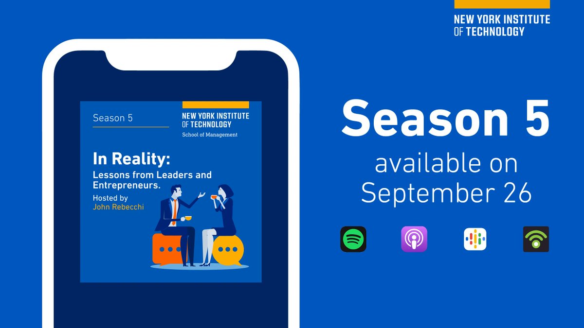 nyit's tweet photo. Looking to take your business to new heights? Listen to New York Tech’s School of Management #InRealityPodcast with host John Rebecchi (M.B.A. ‘83), Ph.D., as he interview’s today’s most innovative entrepreneurs. Season 4 debuts on Monday, Sept. 26. https://t.co/TwsmAJoGtR https://t.co/hZmY6zY99L