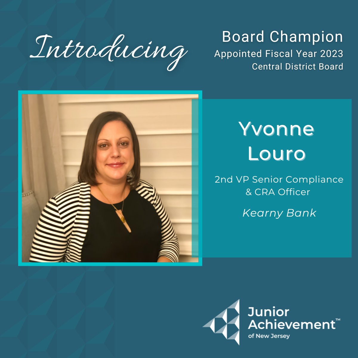 JAofNJ's tweet photo. We are excited to introduce Yvonne Louro, 2nd VP Senior Compliance &amp; CRA Officer, at @KearnyBank to our #JANJ Central District Board.

Thank you for helping to further the mission of JA!

#boardchampion #boardofdirectors #leadership #NJ #newjersey https://t.co/sVQoXoYSfQ