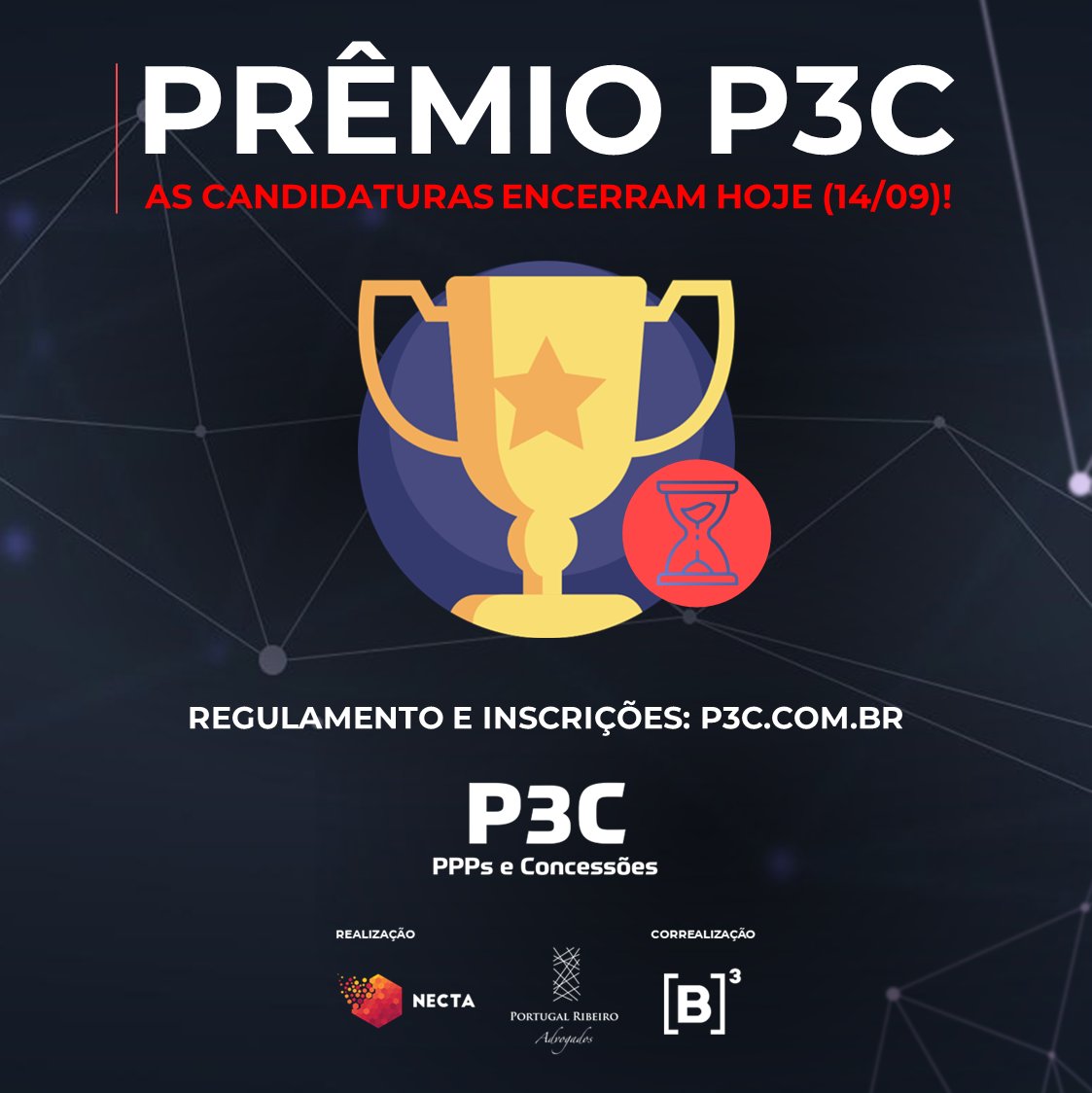 nectainova's tweet photo. ⏰ Encerra hoje!

O prazo para participar do Prêmio P3C 2022 encerra nesta quarta-feira (14/09).

Se o seu projeto é exemplo de gestão e infraestrutura, participe: https://t.co/qzncUWJ3M9

#PPP #PPPs #ParceriaPublicoPrivada #Concessões #Concessão #Infraestrutura https://t.co/uvLvWkKdAC
