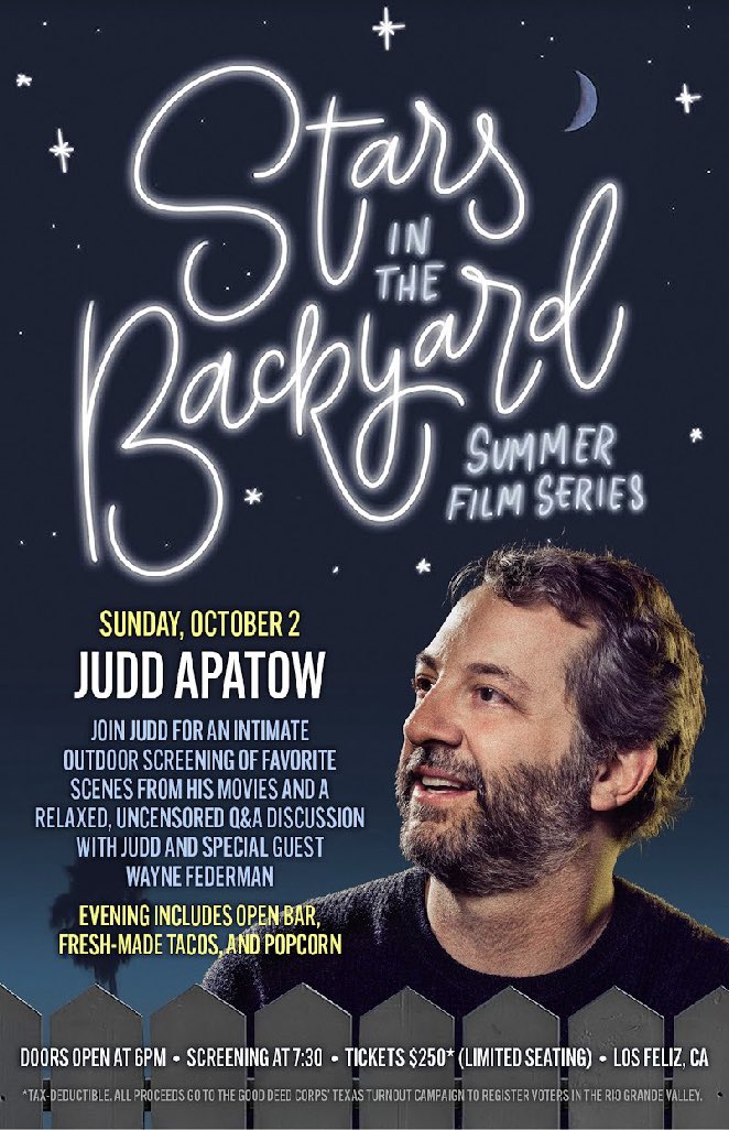 GoodDeedCorps's tweet photo. Join us on 10/2 for our next Stars in the Backyard fundraiser with @JuddApatow &amp; @Federman, raising $ for our Texas Turnout voter registration work! Limited to 50 attendees. Tix at: https://t.co/lkkNe2X4aj https://t.co/PDMjypZo4H