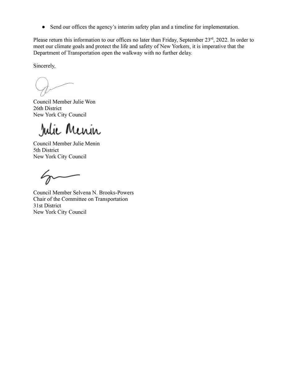 Pedestrian &amp; bike traffic has boomed on the Queensboro Brdg, leading to violent crashes on the narrow shared path. Yet <a href="/NYC_DOT/">NYC DOT</a> delayed the new pedestrian walkway to the end of 2023. <a href="/JulieMenin/">Julie Menin</a> <a href="/Powers4Queens/">Selvena Brooks-Powers</a> &amp; I are requesting a thorough explanation for this dangerous inaction.