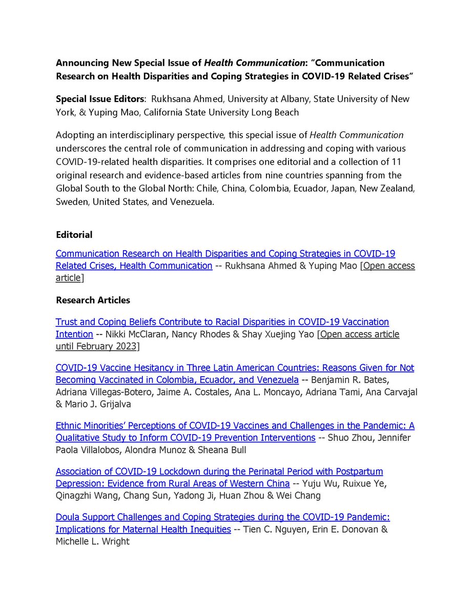 RAUAlbany's tweet photo. @mao_yuping &amp; I are delighted to announce our co-edited Special Issue of @HCeditorialteam. We are grateful to EIC Teresa Thompson for the opportunity &amp; the authors to help realize it! Stay tuned for it to be slotted for hard copy. #healthcomm #healthdisparities #covid19 #crisis https://t.co/IGbsrQZRcL