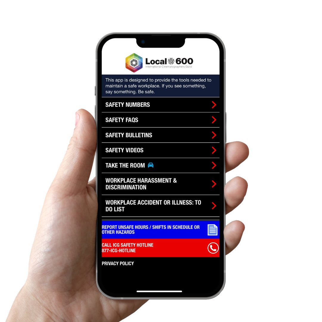 ICGLocal600's tweet photo. Download the ICG Safety App and report safety issues on set. Local 600 has new iPhone and Android versions of the app available on the App Store or Google Play. #SafetyOnSet #UnionStrong #1u @iatse https://t.co/S0ro86kpRh