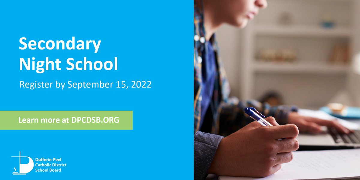 REMINDER: Registration for #DPCDSB Fall Night School for secondary students is open until tomorrow, September 15, 2022. 

➡Courses will take place  September 22, 2022 – December 20,  2022.

For course listings and to register, visit: dpcdsb.org/programs-servi…