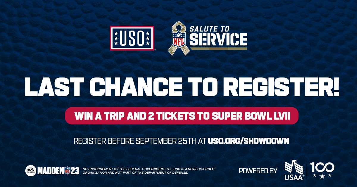 Last days to register for the NFL #SaluteToService Showdown #Madden23 Xbox + PlayStation qualifier 1! Visit fal.cn/3rSBd EA SPORTS MADDEN NFL USAA #TeamUSO