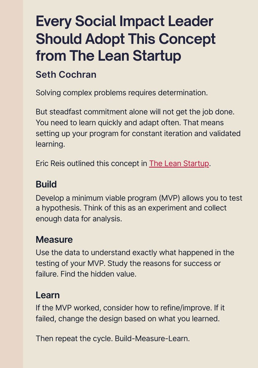 sethcochran's tweet photo. #SocialImpact leaders need continuous innovation to meet the most pressing challenges.
@ericries outlined a brilliant approach to validating learning in the @leanstartup
I use this every day and you should too.
#BuildMeasureLearn https://t.co/vzocVFmDYt