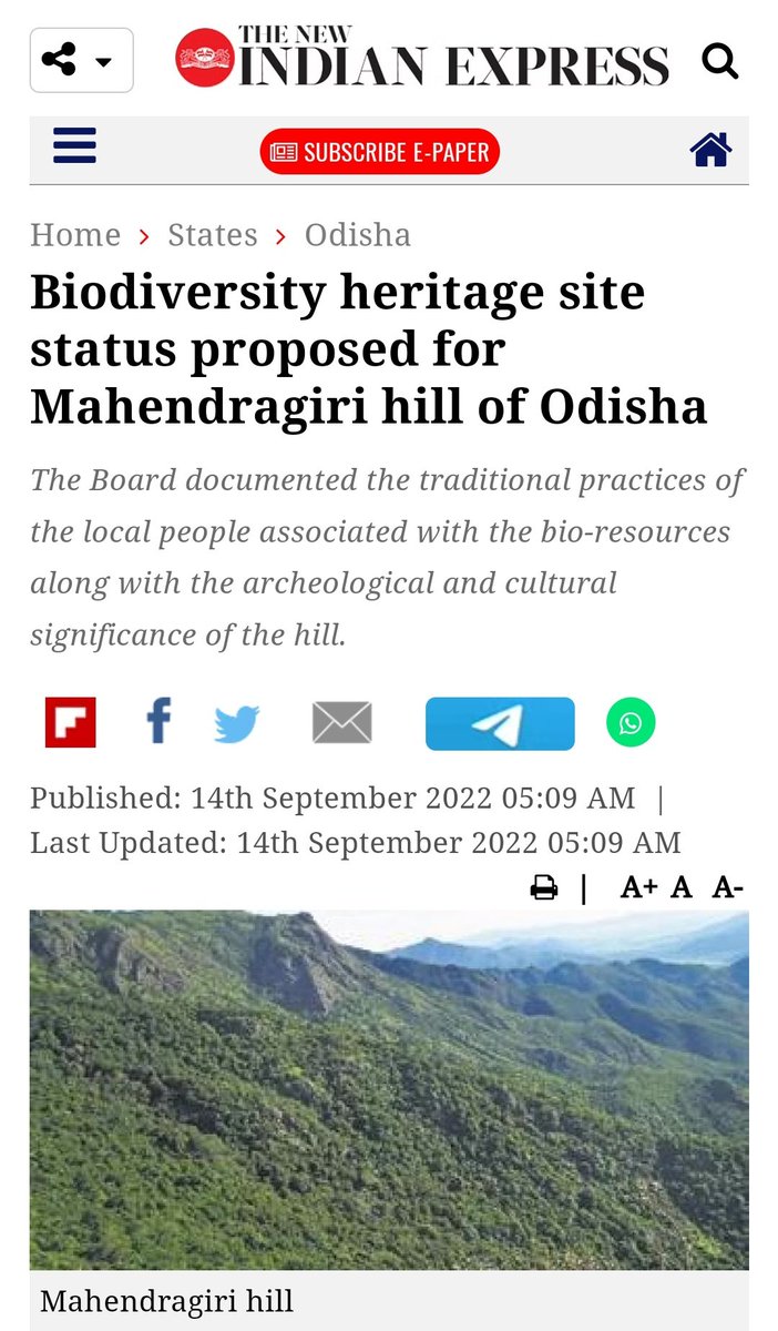 For the protection and long-term preservation of the hill eco-system, Mahendragiri has been proposed by the Odisha Biodiversity Board (OBB) to the State government as a "biodiversity heritage site."
<a href="/NationalBiodiv/">National Biodiversity Authority</a> <a href="/susantananda3/">Susanta Nanda IFS (Retd)</a> <a href="/ForestDeptt/">Odisha Forest, Env. and Climate Change Department</a> <a href="/PCCFWL_Odisha/">PCCF WL & CWLW, Odisha</a> <a href="/pccfodisha/">PCCF & HoFF Odisha</a>