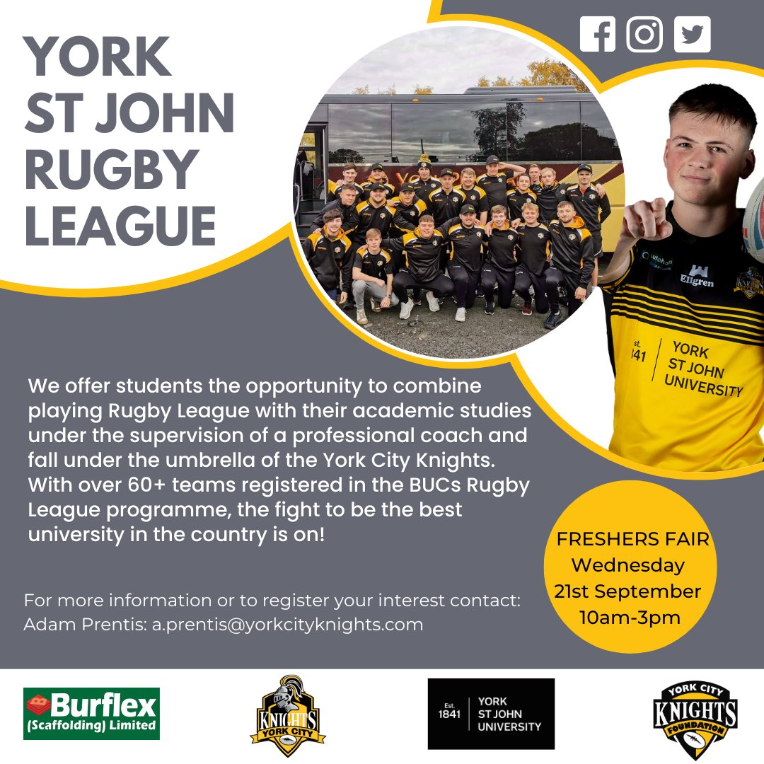 𝙃𝙚𝙖𝙙𝙞𝙣𝙜 𝙩𝙤 𝙐𝙣𝙞𝙫𝙚𝙧𝙨𝙞𝙩𝙮 this 𝙎𝙚𝙥𝙩𝙚𝙢𝙗𝙚𝙧?

Enhance your student experience with York St John Rugby League &amp; combine playing rugby with your studies.

To find out more about the links we have with <a href="/YorkStJohnRL/">York St John Rugby League</a> 📧a.prentis@yorkcityknights.com

@YSJActive ⚔️