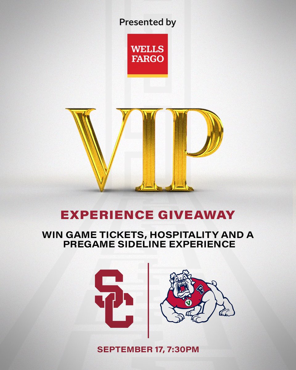 USC Trojans (@usc_athletics) on Twitter photo We’re giving one lucky fan a VIP experience at this Saturday’s <a href="/uscfb/">USC Football ✌️</a> game, presented by <a href="/WellsFargo/">Wells Fargo</a>!
Retweet to enter for your chance to win! We’re giving one lucky fan a VIP experience at this Saturday’s <a href="/uscfb/">USC Football ✌️</a> game, presented by <a href="/WellsFargo/">Wells Fargo</a>!
Retweet to enter for your chance to win!