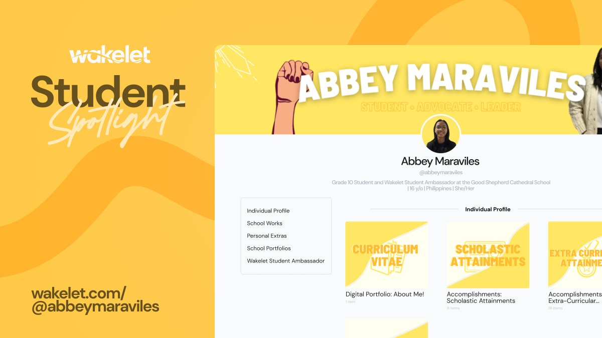 🌈 Wakelet Student Spotlight 🌈 

Check out this AWESOME portfolio by Abbey! An incredible example which is perfect for gathering inspiration 🤩 

Check out all of Abbey's hard work at wakelet.com/@abbeymaraviles! 

If your students have amazing Wakelet profiles too, drop us a DM! 💙