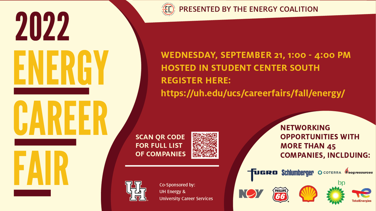 uhoustonenergy's tweet photo. We're less than a week away the 2022 Energy Career Fair, presented along with @UH_EC and @CoogCareers! Any UH student with an interest in working in energy will have the chance to network more than 45 of the energy industry's top employers!

REGISTER: https://t.co/HMyYqEe9ec https://t.co/bQggHkel9j
