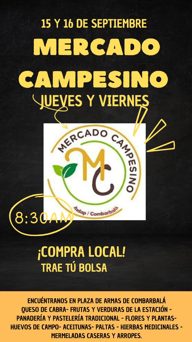 AceiteCalendula's tweet photo. Este 15 y 16 de #septiembre estamos celebrando las #FiestasPatrias2022 en #Combarbala con una versión especial del #MercadoCampesino, ven a visitarnos y disfruta de #productoslocales #AgriculturaFamiliar

@INDAP_Chile @Indap_coquimbo @sernaturcoquimb @Municombarbala https://t.co/xVhhSdVT7q