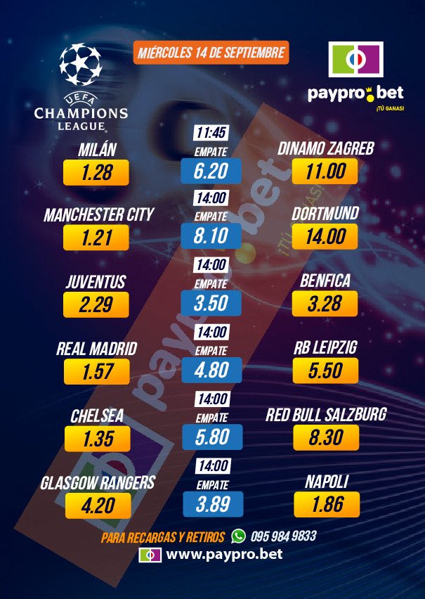 BetPaypro's tweet photo. Siguen los encuentros UEFA Champions League. #PayPro #TUGANAS https://t.co/g4g87DPPdZ