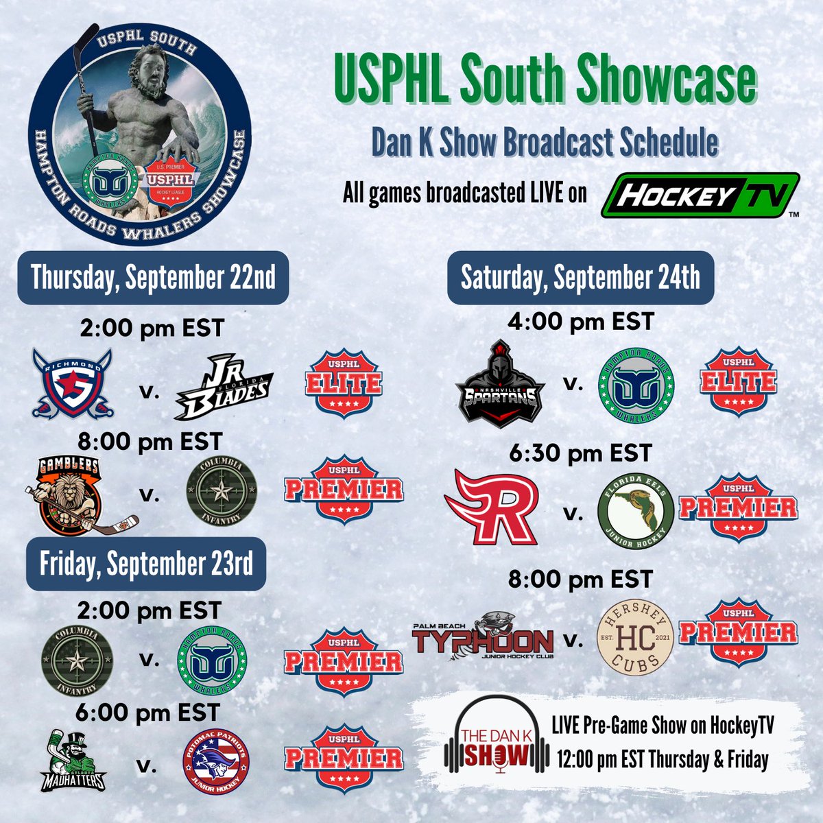 The_DanKShow's tweet photo. With the @HRWhalersHockey @USPHL  South Showcase ONE WEEK AWAY we thought we should drop our @MyHockeyTV broadcast schedule! 

@RVAGenerals @FloridaJrBlades @MCGamblersUSPHL @Infantry_Hockey @PotomacPatriots @SpartanHockeyTN @RushHockeyClub @FloridaEels @PBTyphoon @HersheyCubs https://t.co/dLSQNulTRf