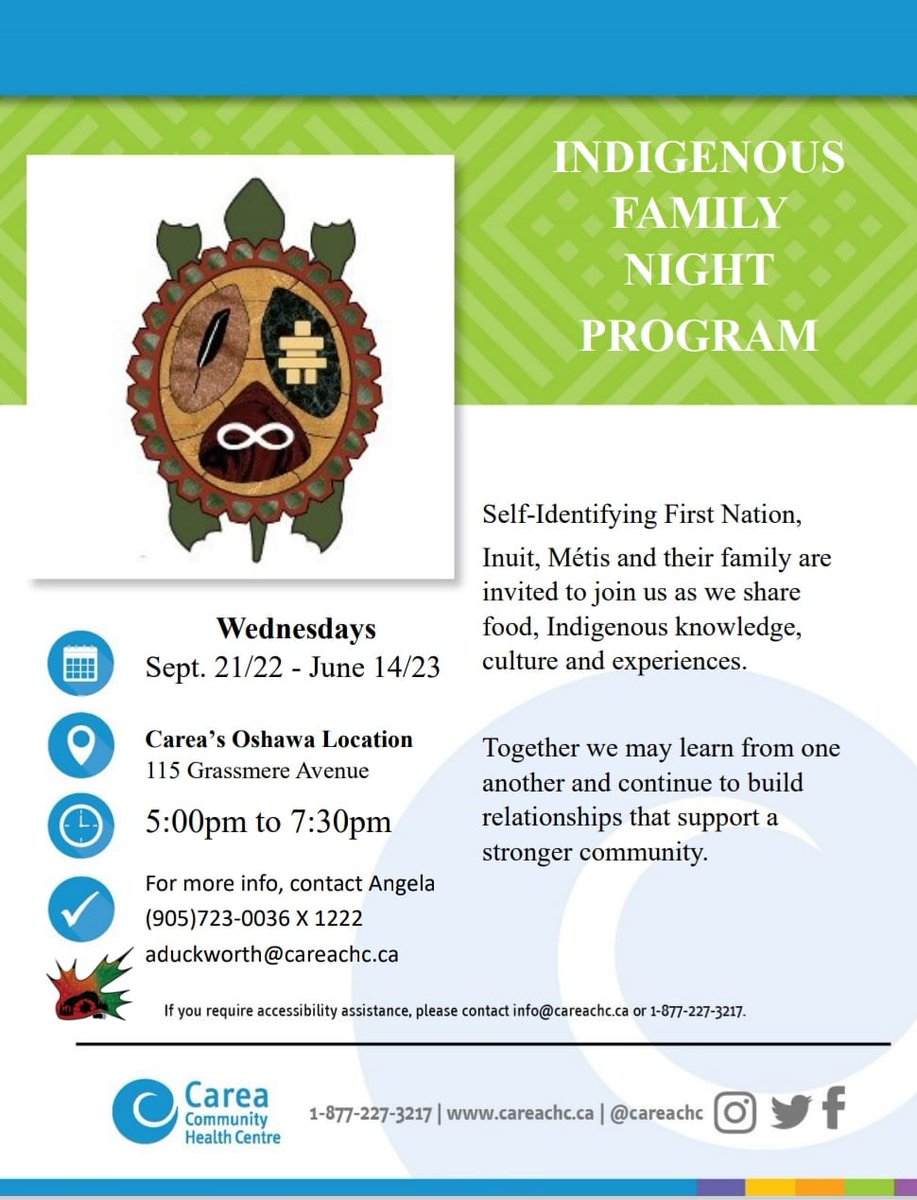 Welcome back to Indigenous Family Night! We hope you all had a great summer! Starting Wed Sept 21,2022 and every Wed until June 14th.

Come join us and connect with your indigenous community every wed at 5pm!

#oshawa #durhamregion #FNIM #careacommunityhealthcentre #Indigenous