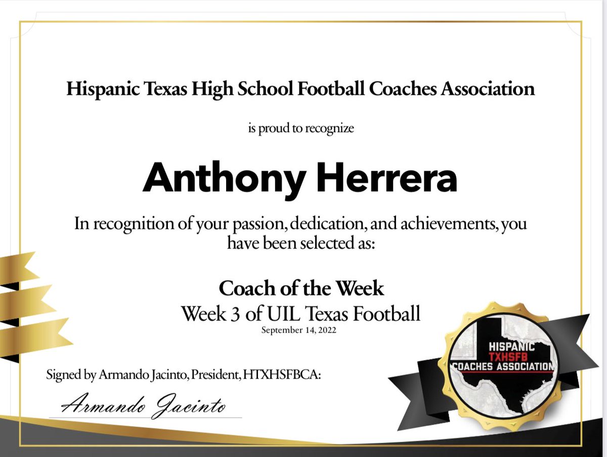 Coach_Herrera76's tweet photo. I appreciate the @HispanicTXHSFB for giving me recognition, absolutely grateful for being part of this organization which gives spotlight to coaches. https://t.co/DhtGJOPzir