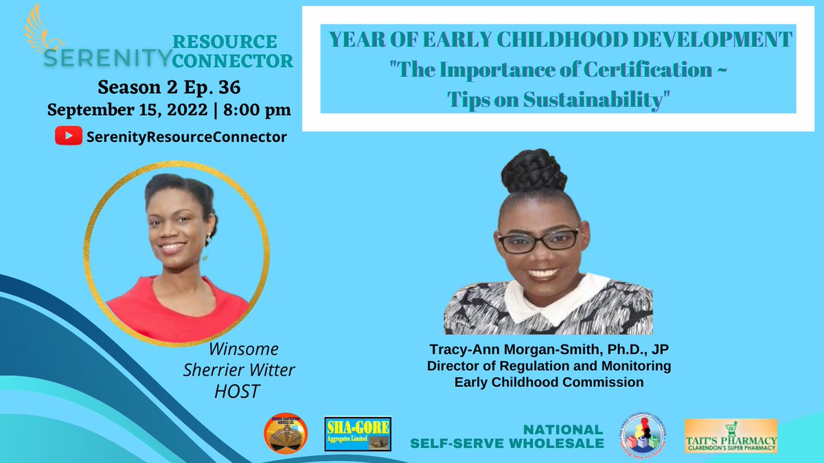 SerenityAdvisor's tweet photo. It's week 3! Time for another Year of Early Childhood Development episode with the @ECCJA

Join us live September 15th at 8pm for this discussion on the importance of certification and tips on sustainability.

https://t.co/ZfzAP74J9N

#SerenityResourceConnector #ECCJA #YECD2022 https://t.co/1EQSqHYxGh