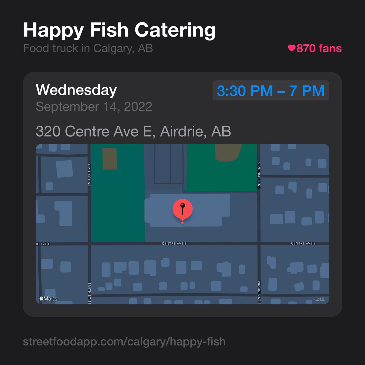 We're open today from 3:30 PM - 7 PM at 320 Centre Ave E, Airdrie, AB.

streetfoodapp.com/calgary/happy-…