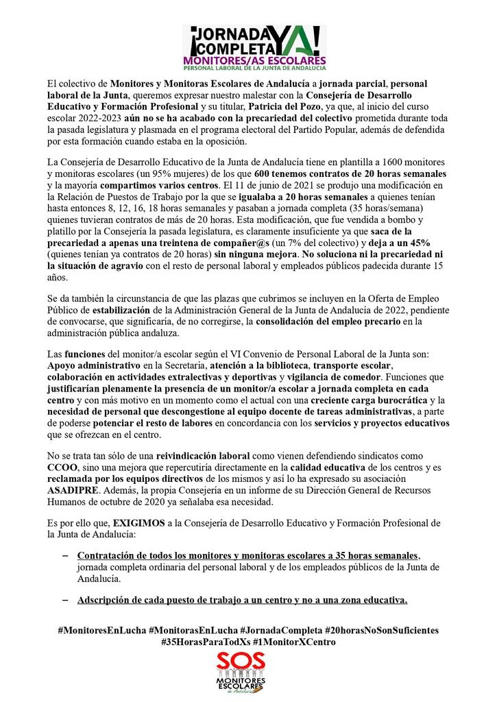 🚨🔊<a href="/BertaCenteno/">Berta Centeno</a>
COMUNICADO #MonitoresEnLucha #MonitorasEnLucha
Ante la #VueltaAlCole2022, el colectivo de Monitores y Monitoras Escolares en precario de Andalucía quiere expresar lo siguiente: 👇📖
#JornadaCompleta #20HorasNoSonSuficientes #35h #1MonitorXCentro