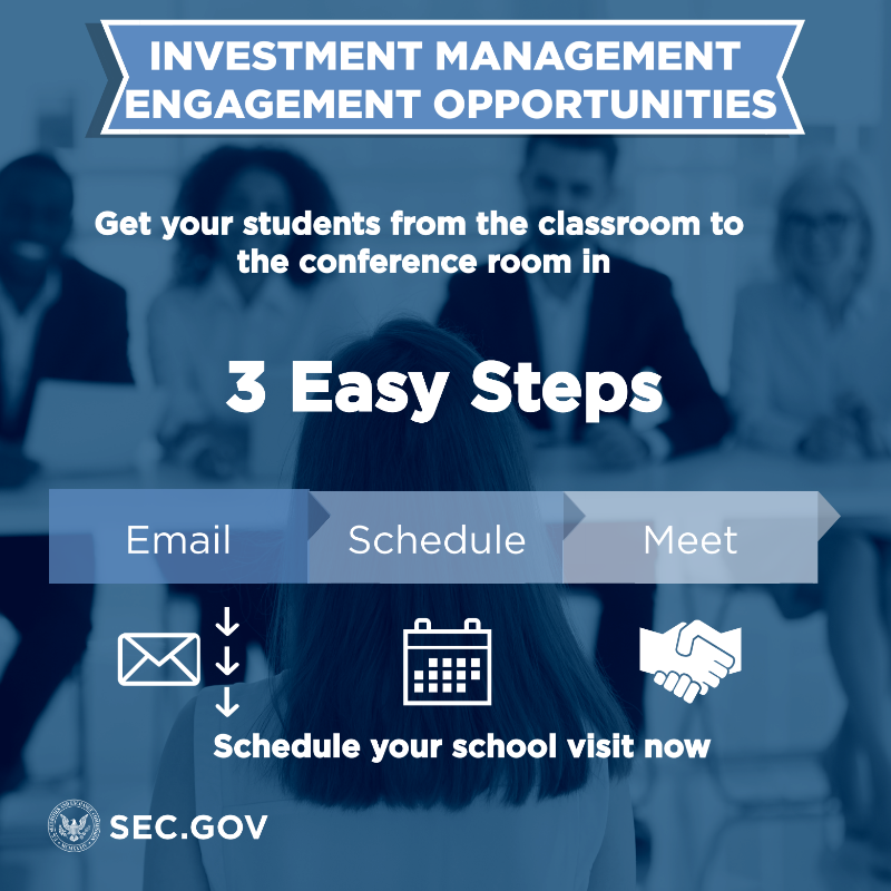 SECGov's tweet photo. Our staff in the Division of Investment Management has met with students at over 20 schools and organizations this year to discuss:

➡️ topics in the asset management industry

➡️ their careers

➡️ job opportunities

Email us: IM-DEI@sec.gov

or click 👇
