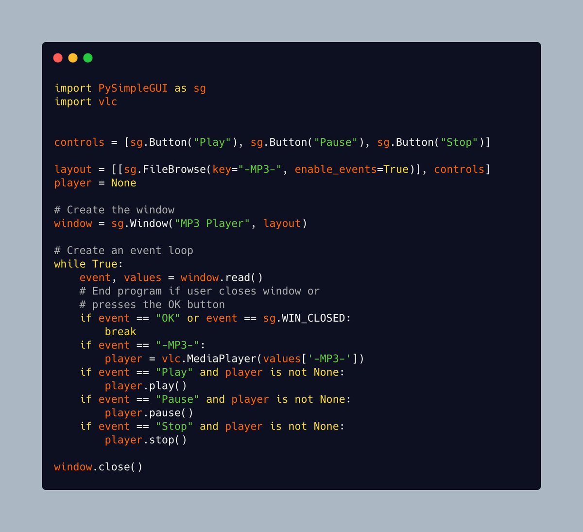 driscollis's tweet image. Let's create a simple MP3 player with #Python, #PySimpleGUI and VLC today!
Here's the code and the GUI: