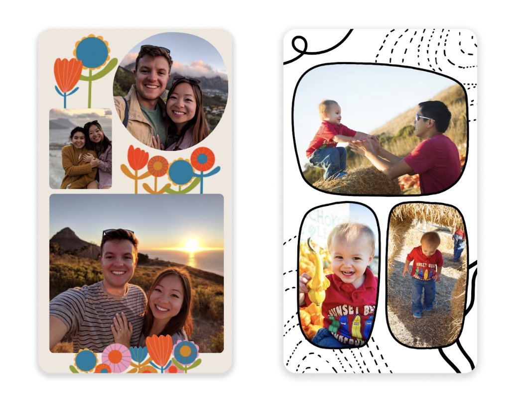 Collage templates are shown, featuring images of a family and a couple. On the left collage, there are flower illustrations. On the right collage, the background is illustrated with black lines and black dotted lines. 