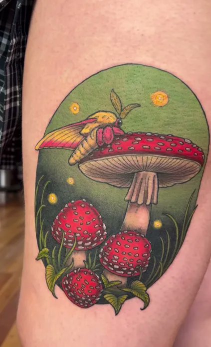 AlchemyTattooCo's tweet photo. By @joetato12 
"Finally got to add color to this one! Happy with how this one turned out! More like this pls!" #tattoo #insecttattoo #mothtattoo #alchemytattoocollective #mushroomtattoo #cottagecoretattoo https://t.co/oLdWaFEHFi