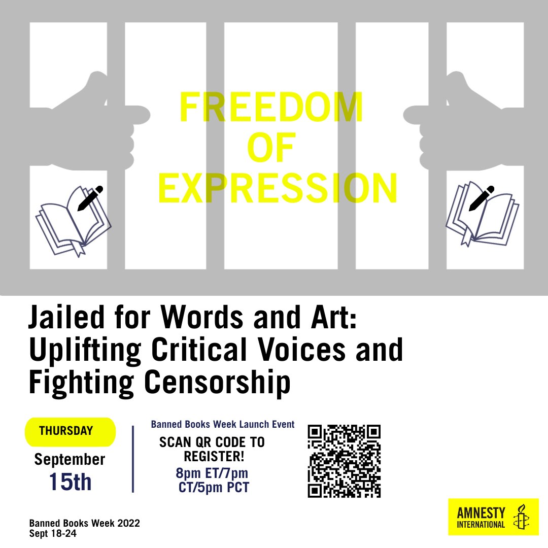 azoubig's tweet image. RT #bibsen Thursday, Sept 15, 20:00 EDT (02:00 CEST): @bannedbooksweek begins with a launch webinar:
“Jailed for Words and Art: Uplifting Critical Voices and Fighting Censorship”
bit.ly/3U5TdFq
@ejmknox will speak to global #LibraryIssues