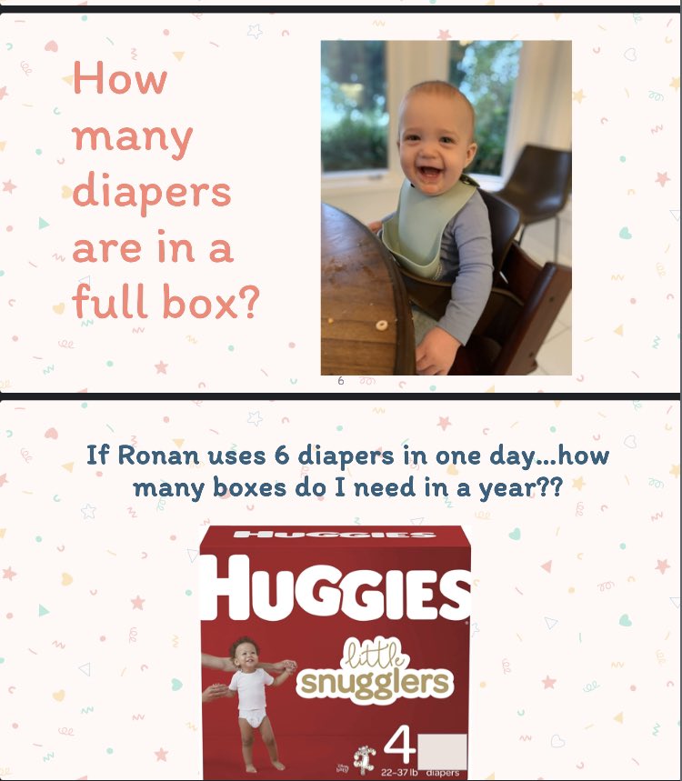 MrCasey27's tweet photo. Ss were curious about how much $$ you need to spend on Diapers every year? And how many were in a box? So… they figured it out for todays juicy Math challenge! #mathmodelling #process @KnollwoodPark1 @TVDSBmath https://t.co/vyduDlUzQ0