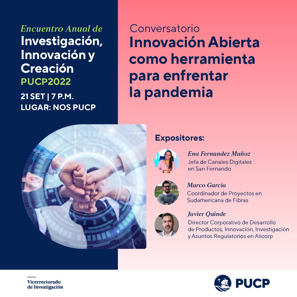 #EAIIC2022
Únete al #conversatorio “Innovación Abierta como herramienta para enfrentar la pandemia”, evento organizado por la <a href="/pucp/">PUCP</a> 

👉Link de inscripción: encuentro-iic.pucp.edu.pe/actividad/inno…