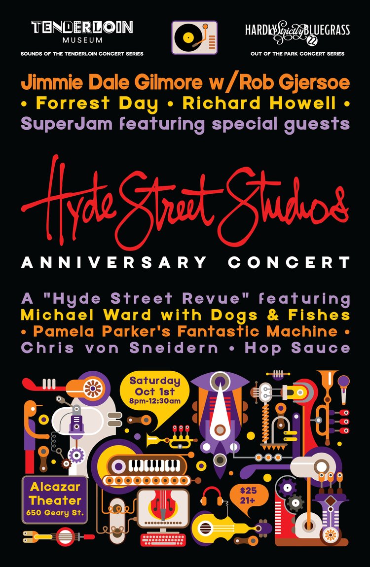 Announcing the <a href="/HydeStStudios/">Hyde Street Studios</a> Anniversary Concert celebrating the legacy of creative collaboration, musical diversity, and sonic innovation in the TL!  A TLM #SoundsoftheTL show and a <a href="/HSBFest/">Hardly Strictly Bluegrass</a> Out of the Park concert. 10/1! Learn more &amp; purchase tickets: tenderloinmuseum.org/public-program…