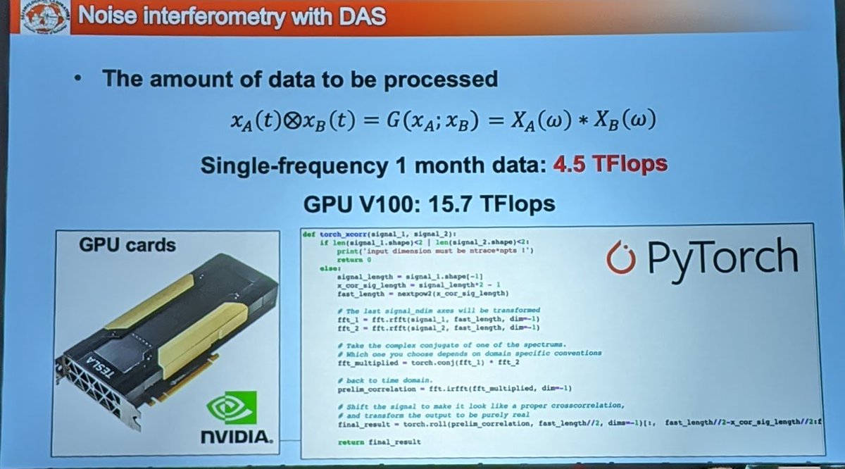 gfun's tweet photo. Ettore Biondi (Caltech): The capabilities of DAS for imaging earthquakes and crustal structure are enormous, but so are the data volumes! Careful subsetting and downsampling of the channels, using GPUs for computation and leveraging modern codes definitely help! #SCEC2022 https://t.co/vlr2Ol4L3z