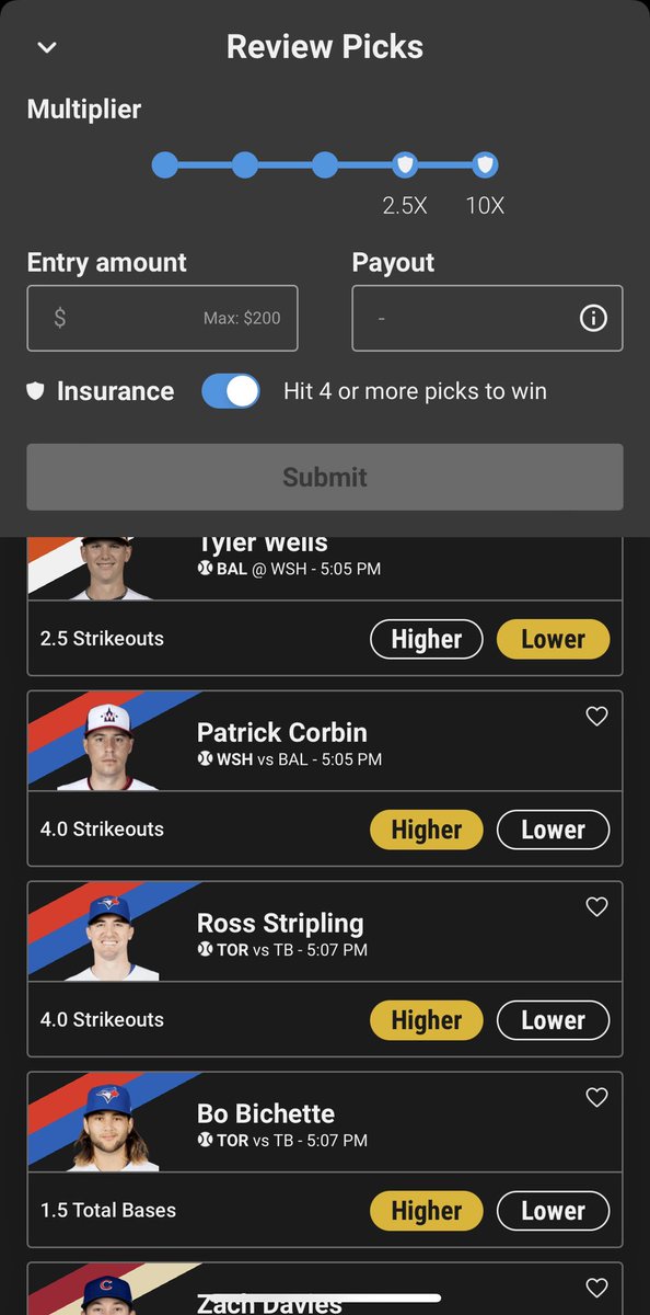 TextDFS's tweet photo. #UnderdogFantasy slip for the day! Insurance is smarter bet but I would honestly run this for a 20x only reason insurance is on is because a hitter is in play. Davies over 3ks is bottom play! #GamblingTwitter #TextDFS #Trending #MLB https://t.co/JVL90y0e8c