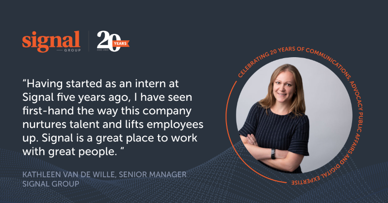 signalgroupdc's tweet photo. As Signal celebrates its 20th anniversary, our team will share our perspectives on the company's two decades of serving clients. Senior Manager of Communications Kathleen Van De Wille shares her thoughts on #Signal20: