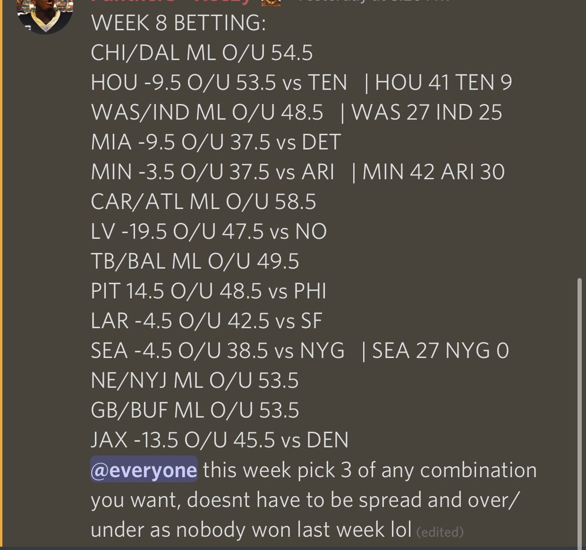 FNSLBetting's tweet image. WEEK 8 BETTING: