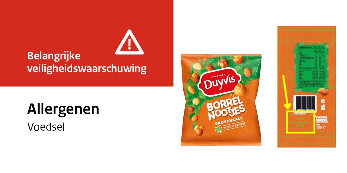 Veiligheidswaarschuwing Duyvis Borrelnoten Provençale 125g en Duyvis Borrelnoten Provençale 1000g van Duyvis. Bevat amandelen en cashewnoten en deze staan niet op de verpakking. #amandelenallergie en #cashewnotenallergie nvwa.nl/documenten/waa…