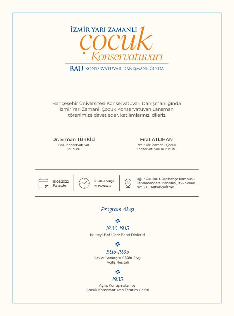 Kıymetli hocam <a href="/gulsinonay/">Gulsin Onay</a> açılış konserini yapacağı açılışımız için çok heyecanlıyız. Harika bir çocuk konservatuarı tüm İzmirli çocuklara armağan olsun. <a href="/UgurOkullari/">Uğur Okulları</a> <a href="/nilcicek/">Nil Çiçek</a> <a href="/fatlihann/">Fırat atlıhan</a>