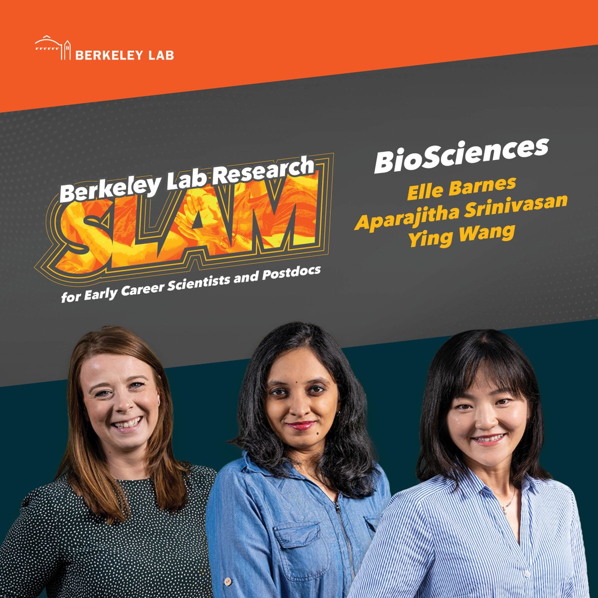 3pm PDT, Sept. 22 on streaming.lbl.gov: Join us in cheering on the <a href="/LBNLBioSci/">LBNL BioSci</a> finalists <a href="/EcoEvoElle/">Dr. Elle Barnes</a> <a href="/aparsrini/">Aparajitha (Abhi) Srinivasan</a> and <a href="/ying_wang_19/">YingWang</a> at the <a href="/BerkeleyLab/">Berkeley Lab</a> Research SLAM! #LabSLAM2022 
@LBNLPathways <a href="/BerkeleyPostdoc/">BLPA</a> <a href="/sgtringe/">Susannah Tringe</a> <a href="/aindrilam/">Aindrila</a> <a href="/northenlab/">The Northen Lab</a>