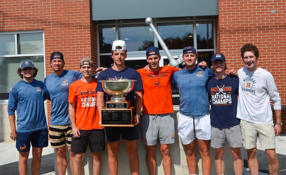 HopeHockey's tweet photo. Last weekend the boys of the 2022 championship team were honored at halftime of the @HopeCollegeFB game.  The first game of this season is only weeks away #DefendTheCup https://t.co/gnzQbBs5Rz