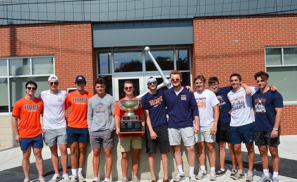 HopeHockey's tweet photo. Last weekend the boys of the 2022 championship team were honored at halftime of the @HopeCollegeFB game.  The first game of this season is only weeks away #DefendTheCup https://t.co/gnzQbBs5Rz