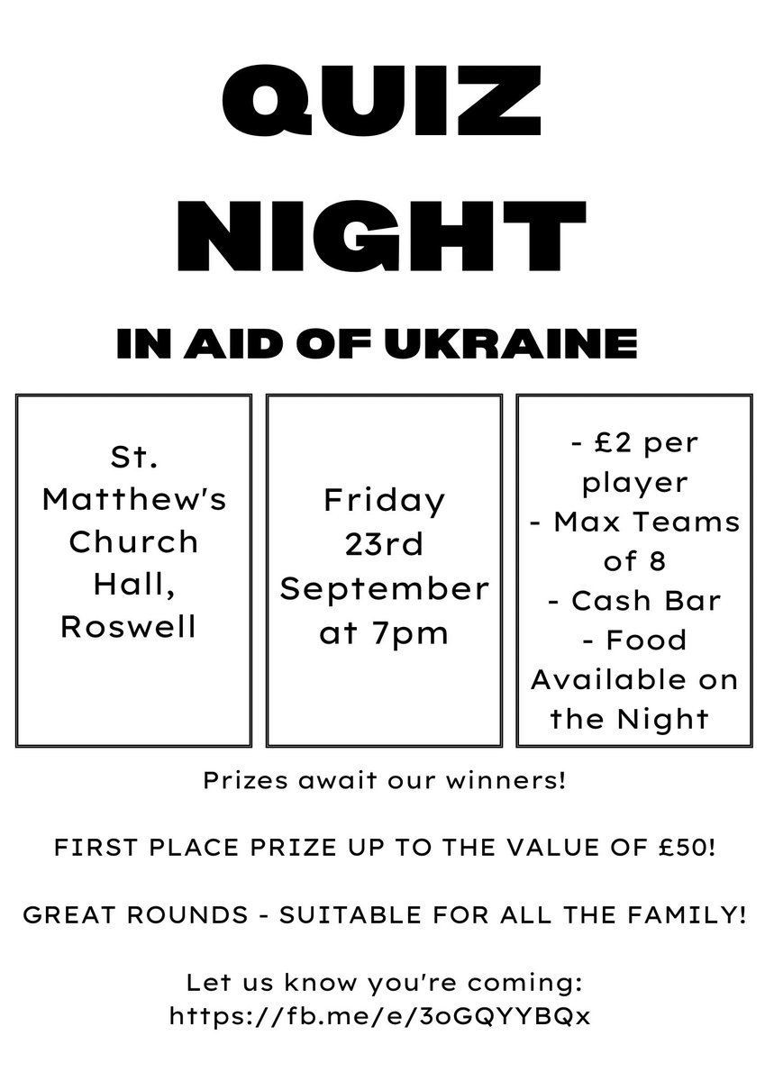 StAndrewsTweets's tweet photo. QUIZ NIGHT IN AID OF UKRAINE 
The parish of St. Matthew’s is holding a quiz night. Fun for all the family! Why not go along and support the event. 
https://t.co/0qwMjxWs4T https://t.co/AeiTUzzC8S