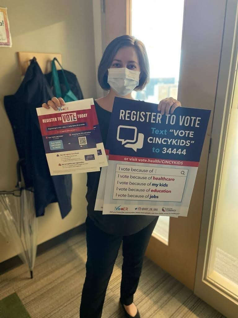 Special delivery! Beautiful @Vot_ER_org #VoterRegistration posters and flyers coming soon to a @CincyChildrens waiting room near you! @aliyaabhatia @afbeckmd